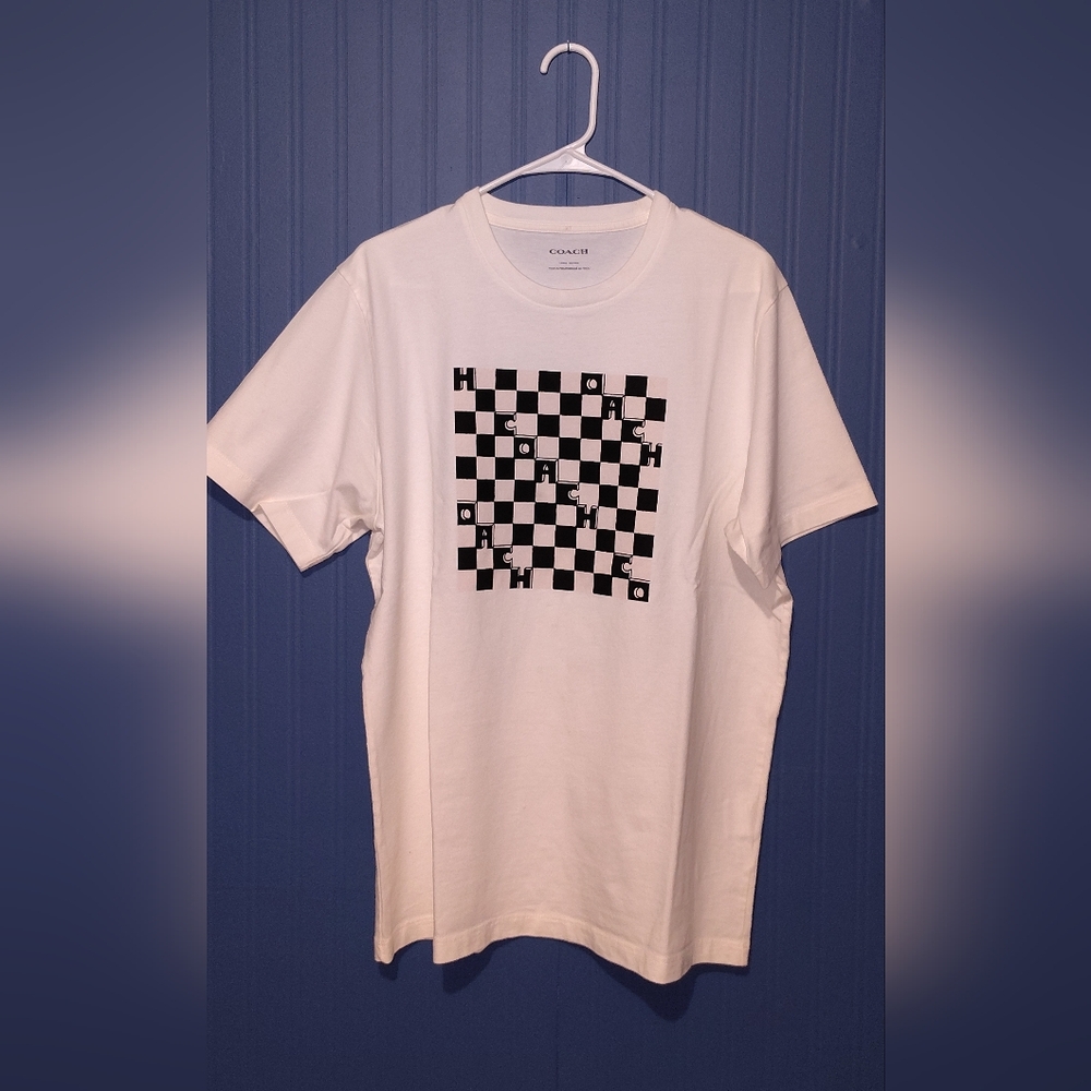 Coach Men's White Tee with Black Checkerboard Pattern